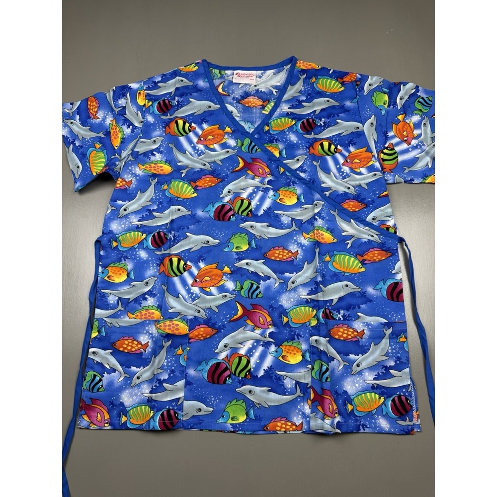 fashion scrubs womens mock wrap scrub top size medium v neck underwater tropical